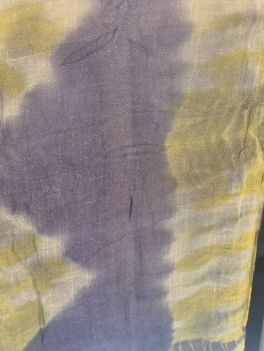 ROOTS Purple Yellow Tie Dye Shibori Fringe Wrap Scarf Lightweight Gauze Shawl